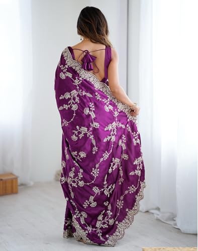 Image of Satrani Women's Satin Embroidery & Sequin Work Saree with Unstitched Blouse Piece
