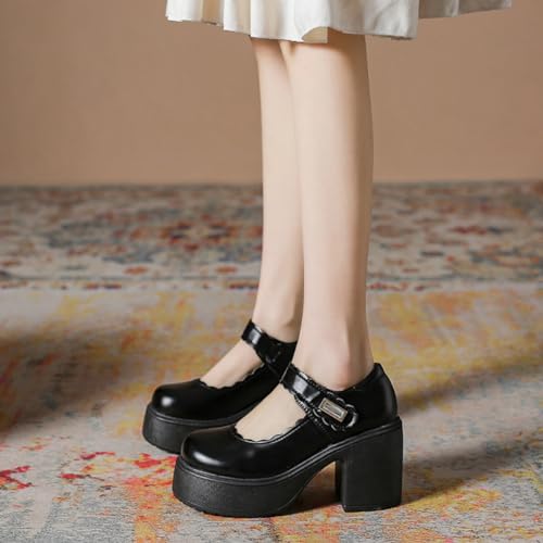 Image of Women's Platform Mary Janes Heart Cat Buckle Rivets Ankle Lolita Gothic Princess Platform Pumps Patent Leather Thorn Vintage Traditional Embroidery Upper Dress Shoes