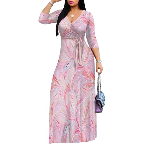Image of PinkPatty Plus Size Maxi Dress for Women Casual V Neck 3 /4 Sleeve Boho Printed Long Dress with Pockets