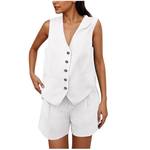Womens 2 Piece Outfits Summer Casual V Neck Button Down Blazer Vest Shorts Set Business Work Outfits with Pockets