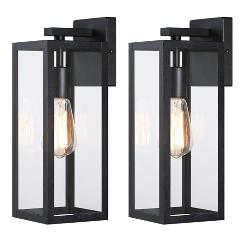 HausDee Modern Outdoor Wall Lantern, Weatherproof Exterior Porch Light, Matte Black Light Fixture with Clear Glass, Single E26 Socket Outdoor Wall Sconce for Patio, Front Door, House Decor, 2 Pack