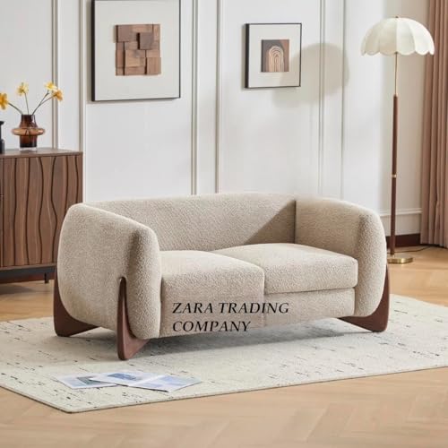 Image of Upholstered one Seater Sofa Three Seater Sofa with Wooden Legs for Living Room Hotels & Offices (Two Seater Boucle Beige)
