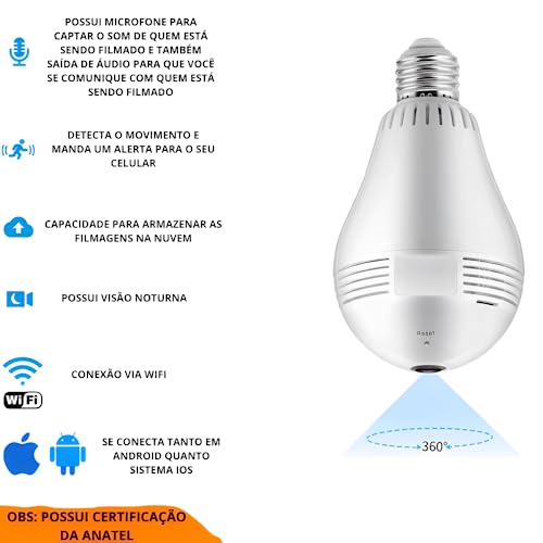 Câmera Lâmpada Led Ip Wifi 360 Panorâmica Visão Noturna Hd Com Sensor de Movimento