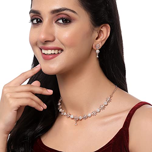 ZENEME Rhodium Plated Silver Toned White American Diamond Studded Necklace With Earring Jewellery Set For Woment and Girl - Image 4