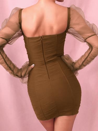 Image of Uni Clau Women Sexy Mesh Sheer Puff Long Sleeve Mini Dress Bodycon Deep V Neck Patchwork Party Clubwear Dress