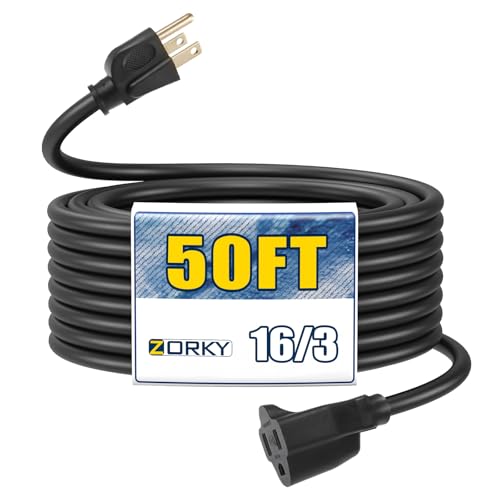 Image of 50ft Outdoor Extension Cord - 16 /3 Heavy Duty SJTW Waterproof Black Electrical Cable with 3 Prong Grounded Plug for Safety, Great for Lawn and Major Appliances