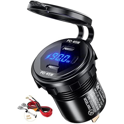 90W Dual USB C Car Charger Socket 12V USB Socket Metal PD Fast Charger Socket Adapter Waterproof Type C Power with LED Digital Voltmeter & Control Switch for 12V/24V Car Truck Marine Motorcycle Boat Cover
