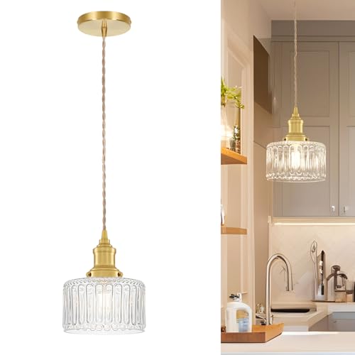 Ditoon Vintage Pendant Lights for Kitchen with Clear Striped Glass Shade, 6.9 In Brushed Gold...