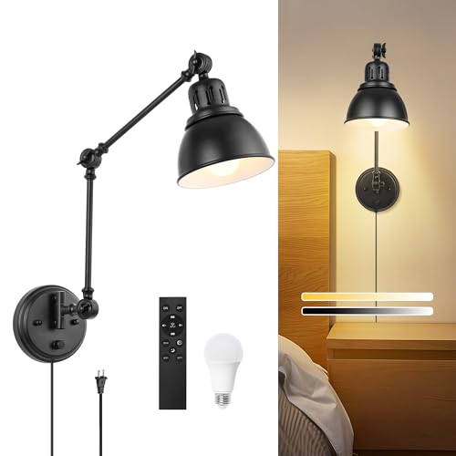 Image of GOODATE 1 Pack Plug in Wall Sconce with Remote, Dimmable, Adjustable Colors, Swing Arm Wall Lamp, Plug in Wall Light with Timer & Night Light (Black, with Bulb+Remote)