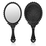 Vintage Makeup Hand Mirror YUSONG Handheld Mirror with Embossed Flower Portable Antique Travel Personal Cosmetic Mirror with Powder Puff (Black)