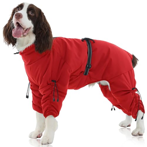 FUAMEY Full Body Dog Coat,Warm Dog Fleece Jackets with Harness Built in Windproof Dogs Snowsuit Zip up Pet Four Legged Pets Jumpsuit Winter Outfit Cold Weather Coats for Extra Large Dogs Red XL