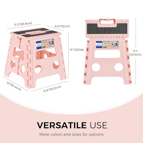 Image of ACKO Folding Step Stool 13 inch Height Premium Heavy Duty Foldable Step Stools for Adults and Kids, Kitchen Plastic Small Collapsible Stepping Stool Hold Up to 300 LB Dot Pink (1 Pack)