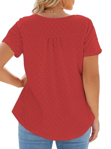 Image of VISLILY Womens-Plus-Size-Summer-Tops Buttons Up Henley Shirts Flowy Pleated Tunics Trendy Eyelet Short Sleeve Blouses