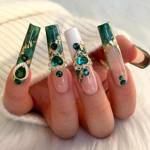 Real Gel Handmade Emerald Marble Halo Luxury Diamond French PressOn Nails Gems Coffin Fake Nails With Designs Glossy False Nails for Women and Girls (Emerald-XS) miniatura 2