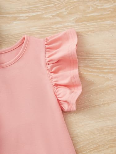 OYOANGLE Girl's 3Pcs Knitted Short Sleeve Solid Crop Top Crew Neck Ruffle Lettuce Trim Crop Tee Top Print Girl Clothes3