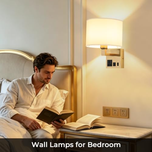 Image of Plug in Wall Light, Wall Lamp with Brass Base Cylindrical Shape | Wall Light for Living Room Bedroom Hotel, Bedside Lamp Bulb Included, Wall Mounted Lamp with AC Outlet & USBA+C Charging Port