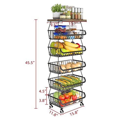 Kitchen Fruit And Vegetable Storage Cart, Wire Storage Basket With Wheels, Rolling Utility Storage Basket Bins Rack For Kitchen, Pantry, Bathroom, Living Room (6 Tier W/Tabletop) #TOP4