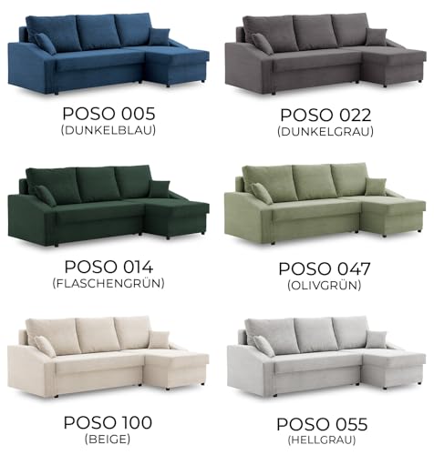 Ecksofa Dorma mit schlaffunktion, einfacher Aufbau, modernes Design, polstermöbel. Schlafcouch zum Wohnzimmer. Widerstandsfähiges, Minimalistisches Design (POSO 100)