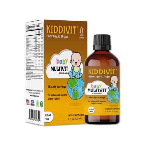 Kiddivit Baby Multivitamin Liquid Drops with Inulin - 48 Daily Servings, 4 Fl Oz (120mL) - Glass Bottle - Sugar Free, Gluten Free, Vegetarian Friendly Cover