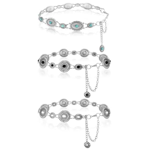 Junkin 3 Pcs Women Concho Western Chain Belts Turquoise Chain Belts Antique Western Waist Belts Country Metal Belt Link Belt (White, Black, Green)