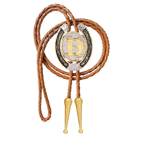 Image of Bolo tie for Men Western Cowboy Brown Leather Necktie Gold Initial Letter ABCDJMR to Z Bolo ties for Women