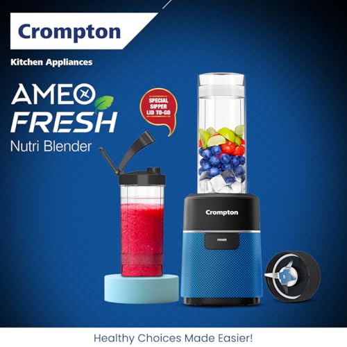 Image of Crompton Ameo Fresh|premium Nutri blender|Smoothie Maker|400 watts powerful motor|3 Food grade jars|Sipper Cap|Storage lid|Black & Red Color|1L Blender jar|2 years warranty