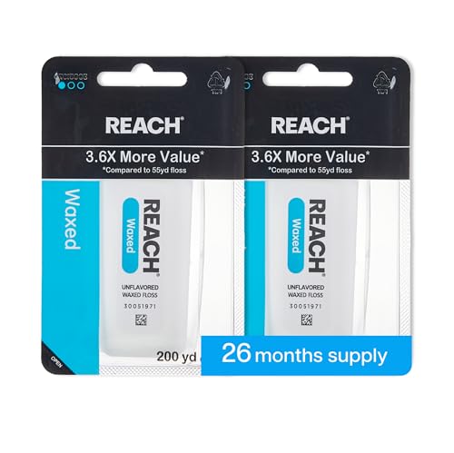 REACH Waxed Dental Floss, Unflavored, 3.6X More Value, Plaque Remover for Teeth, Shred Resistant, Floss Slides Smoothly, Easy to Use, Waxed, Oral Care, PFAS Free, for Adults & Kids, 2 Pack, 200 yd