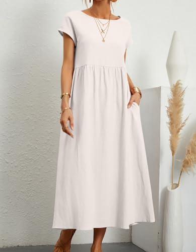 Image of BIRW Cotton Linen Dresses for Women 2025 Summer Casual A Line Flowy Dress Beach Vacation Midi Gauze Dress with Pockets