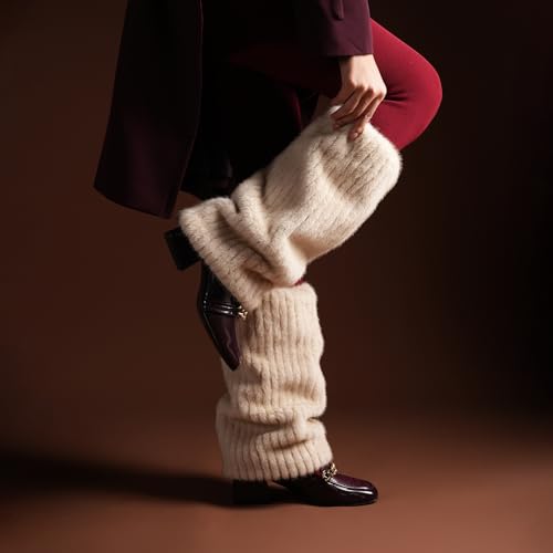 Image of Theater Women Ribbed Fur Leg Warmer - Cream | Soft Faux Fur with Ribbed Knit Base | Cozy Winter Layering Accessory | Stretchable & Free Size