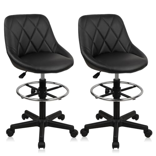Image of KLASIKA Drafting Chair with Back, Leather Rolling Swivel Stool with Adjustable Height and Footrest, Ergonomic Tall Standing Desk Office Chairs with Wheels for Home Work Shop Kitchen Bar, 2PK
