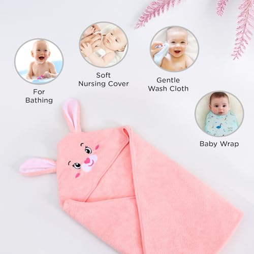 Image of Mee Mee Hooded Baby Bath Towel for New Born | Wash Cloth, Quick Absorbent, Can be Used for Baby Swaddling, Extra Soft Cotton Towels for Kids /Toddlers /Infants /Babies, Pack of 1, (Pink Rabbit) 80X80 CM