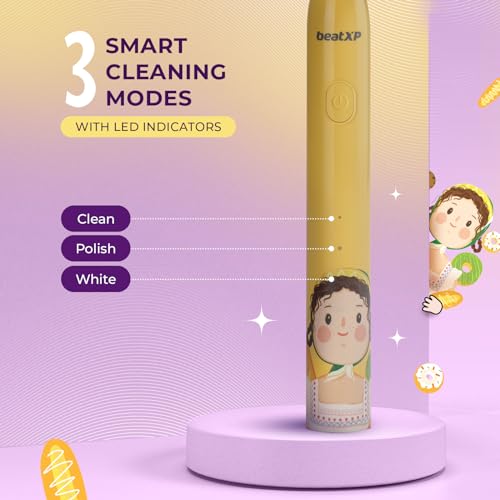 Image of beatXP Jiggle Sonic Electric Toothbrush for Kids with 2 Brush Heads & 3 Cleaning Modes | Rechargeable Electric Toothbrush | 20500 strokes /min with Long Battery Life (Sunny Yellow)