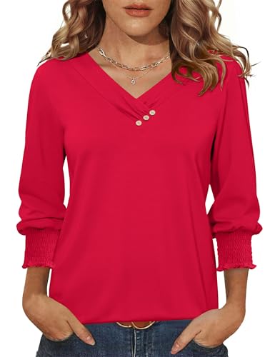 LOMON Blouses for Women Dressy Casual 3/4 Length Sleeve Womens Tops with Buttons Decor
