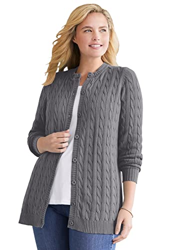 Woman Within Women's Plus Size Cotton Cable Knit Cardigan Sweater - 5X, Medium Heather Grey