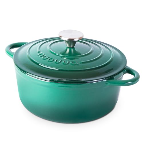 Image of Cast Iron Dutch Oven with Lid - Non-Stick Ovenproof Enamelled Casserole Pot - Sturdy Dutch Oven Cookware - Dark Green, 3.1-Quart, 22cm-by Nuovva