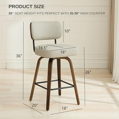 Image of Swivel Bar Stools Set of 3, 26 inch Upholstered Counter Height Bar Stools with Back and Walnut Wood Legs, Faux Leather Barstools for Kitchen Counter, Beige Gray