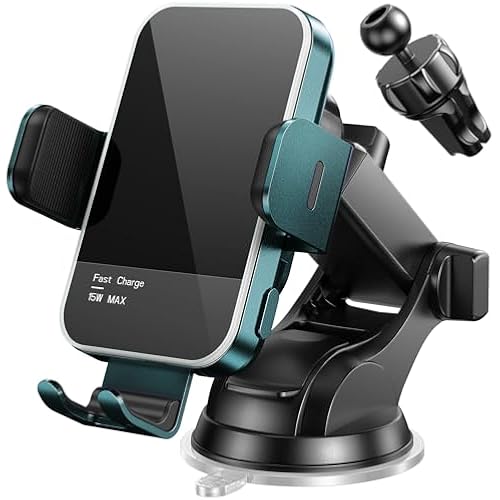 Wireless Car Charger,【7 Colored LED Backlit】 15W Auto Clamping Phone Mount Holder fit for iPhone 15 14 13 12 Mini Pro Max 11 XR XS X, Samsung Galaxy S23 Ultra S22 S21+ S10+ Note 20, etc - Green