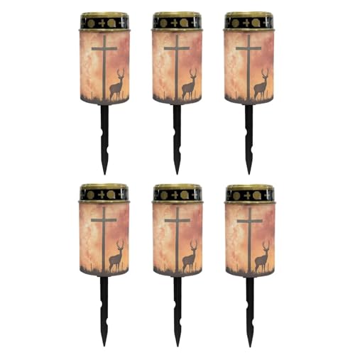 Image of Poceacles 6 Pieces Cross Outdoor Lights Solar Powered Flameless Candle Cemetery Votive Candles Waterproof Outdoor Memorial Candle Solar Stake Lights Home Outdoor Decoration, Deer Cross Galaxy Orange