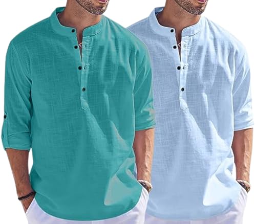 Image of Men's Cotton Blend Straight Kurta Shirt Combo with Mandarin Collar - Slim Fit Casual Short Kurti Set Featuring Textured Slub Fabric and Roll-Up Full Sleeves