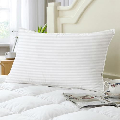 Image of White Pillow Set of 2 | 40 x 60 cm Neck Pillow | Satin Stripes Pattern Microfibre Bed Pillow with Pillow Cover | 100 GSM Hypoallergenic Pillow