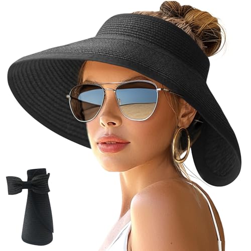 Image of NPJY Sun Hats for Women Wide Brim Roll-Up Beach Ponytail Hat Packable Foldable Travel Straw Visor
