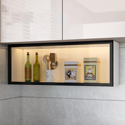Generico Vetrina in Vetro a Parete - Mobile dispensa Grigio/Bianco con Ante, Ripiani Illuminati per Bagno e Cucina, Installazione Senza Fori, Elegante mobiletto sospeso (50 cm)