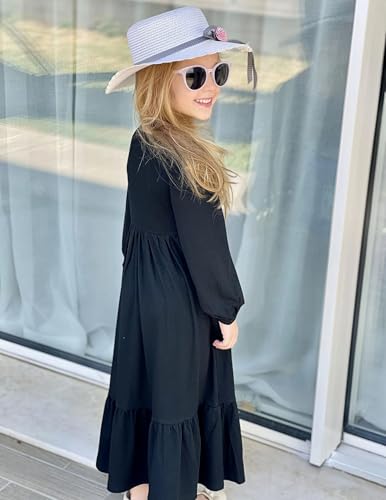 Image of Arshiner Girls Maxi Dresses Lantern Long Sleeve Casual Holiday Dress with Pockets for 5-14 Y