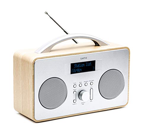 Smith-Style Coppice DAB+ FM DAB Radio digital portátil con pantalla LCD de 2,8 pulgadas, radio DAB/radio FM, batería y alimentación eléctrica con 20 presintonías - madera y plata