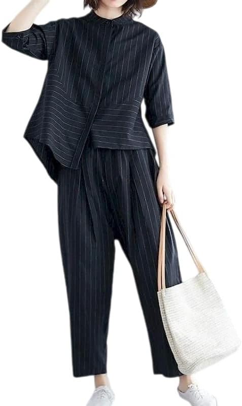 Women Striped Two Piece Set Shirt Pants Casual Everyday Outfit