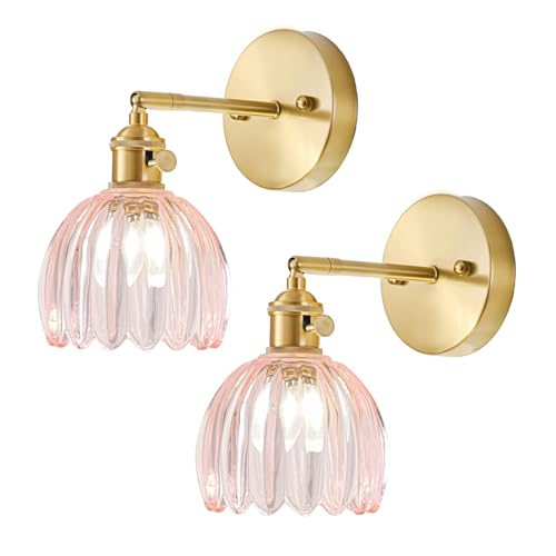 Image of Wall Sconces Set of Two Hardwired, Vintage Sconce Light with Tulip Pink Glass Lampshade, Bathroom Wall Lights with Switch, Gold Wall Light Sconces Wall Decor Set of 2