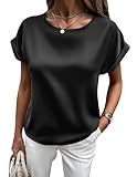 HOTOUCH Silk Blouses for Women Short Sleeve Round Neck Satin Top Shirts Plus Size Black