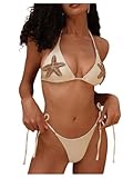 RoseSeek Women's 2 Piece Rhinestone Starfish Bathing Suit Glitter Halter Triangle Swimsuit String Bikini Set Beige Large