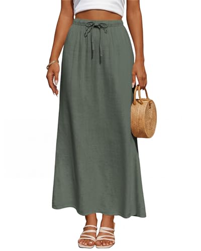 Facogoo Womens Linen Maxi Skirt Drawstring Back Slit Elastic High Waisted Flowy 2026 Summer White Long Skirts for Women