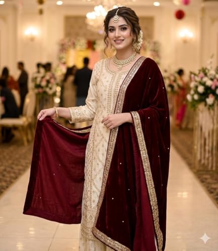 Image of Navti Creations Women's Stole Dupatta In Velvet With Cross Design Border (length -2.25m, Width-75cm)